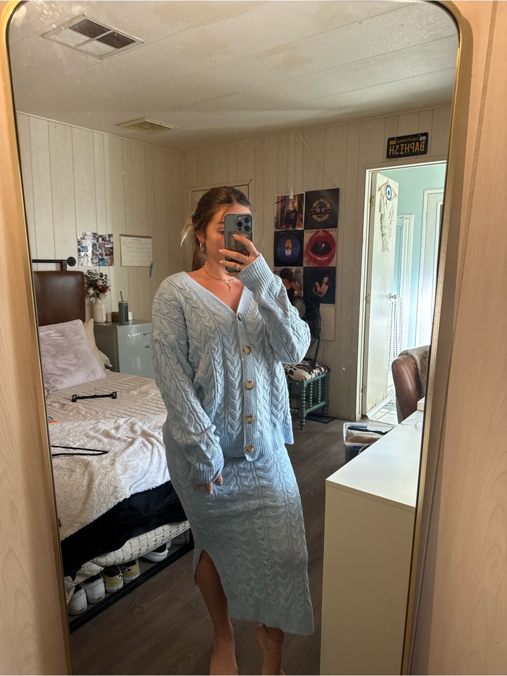 Light Blue Cable-Knit Midi Skirt and Sweater